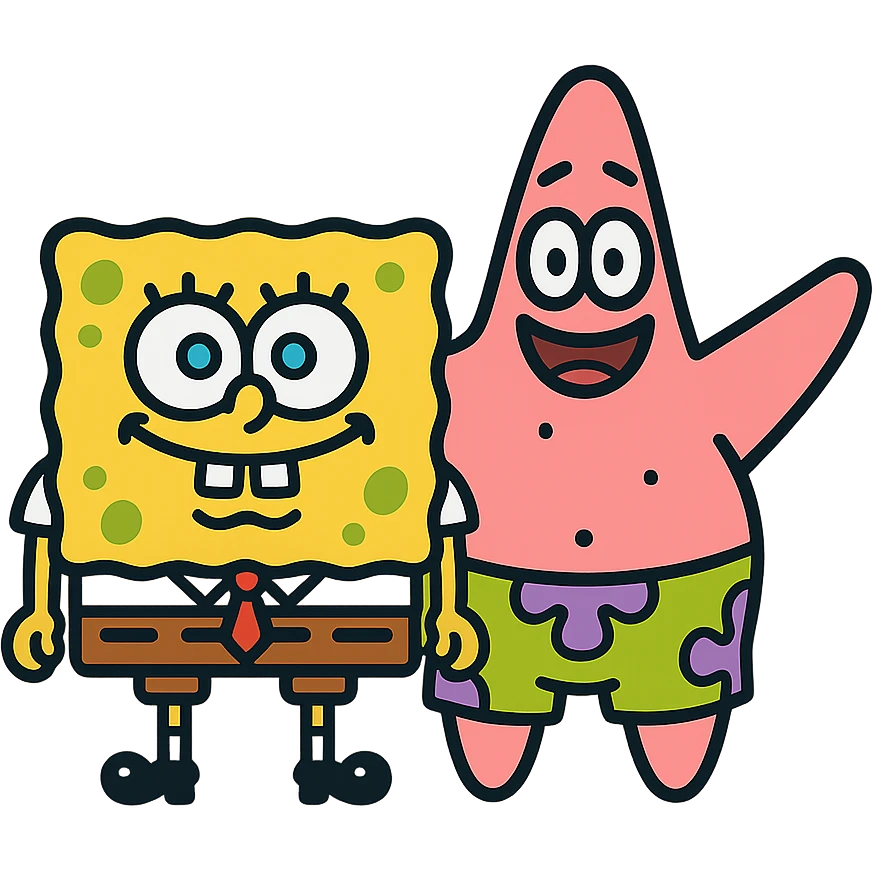 Spongebob and Patrick as color outline icons, black outlines with flat color fill, minimal detail, no text emoji