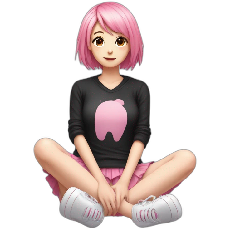 full body Front view emo girl sits on the floor black skirt pink knickers emoji