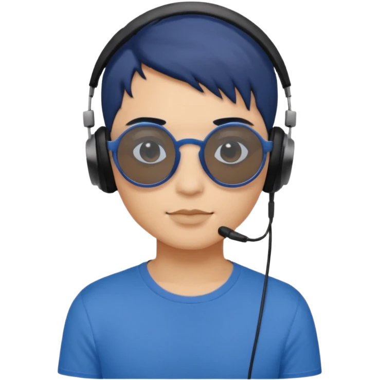 Light Brown Skin Dark Blue Haired Gray Eyes Circle Shaped Shades Black Colored Squareded Ears Headphones Short Haired Black Lips Blue Shirt  emoji