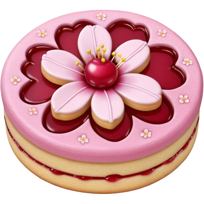 Realistic shortbread cookie in the shape of a cherry blossom with pale pink color jelly middle filling and sprinkled powder sugar on top. emoji