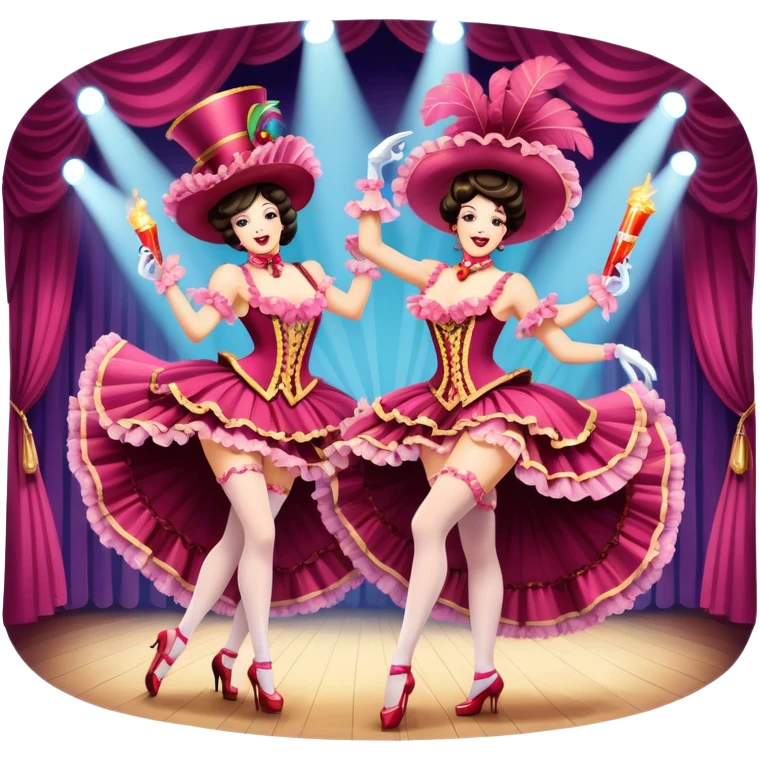 Cinematic Realistic scene of two performers executing a high‑energy Can‑Can, adorned in elaborate French cabaret costumes with frilly layers and dynamic movement, illuminated by vibrant stage lighting emoji