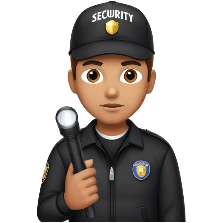 A vigilant male security guard wearing a black jacket, a baseball cap the word ‘SECURITY’  on it, He holds a flashlight , no police uniform, no badge emoji
