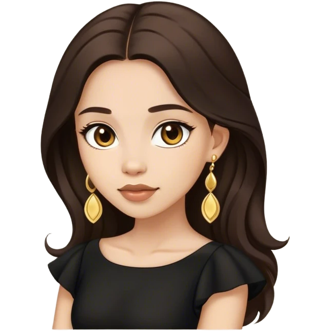 Beautiful woman,cute, long dark brown hair in dark dress with gold earrings emoji