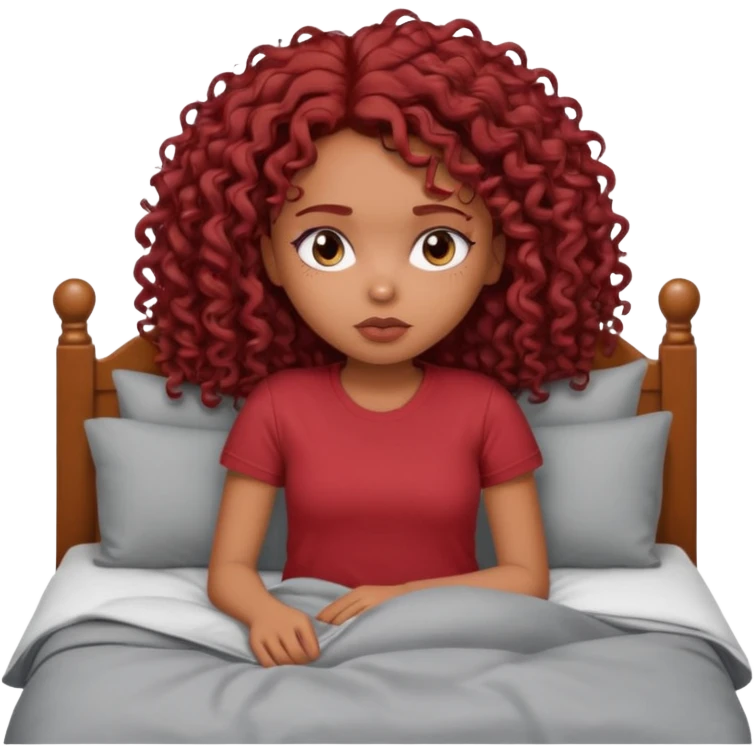 generate a pretty bratz brown skinned girl curly dark red hair, tired in bed in a grey tshirt bored. emoji