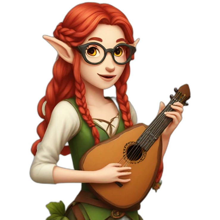 female elf bard red long hair  with braid glases lute emoji