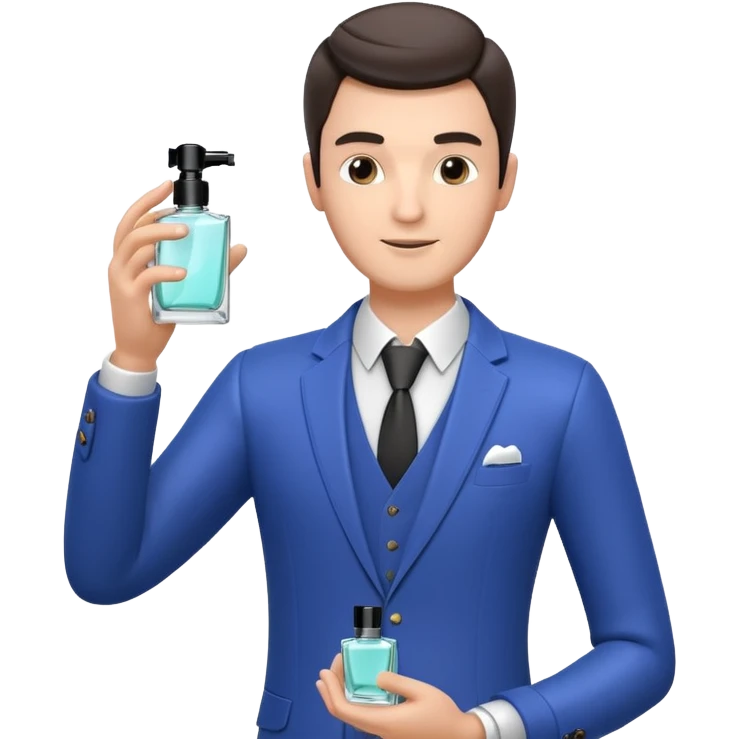 stylish man spraying perfume, holding a perfume bottle, mist spray in the air, elegant pose, 3D cartoon, mobile game icon style, clean background, no text, no watermark

 emoji