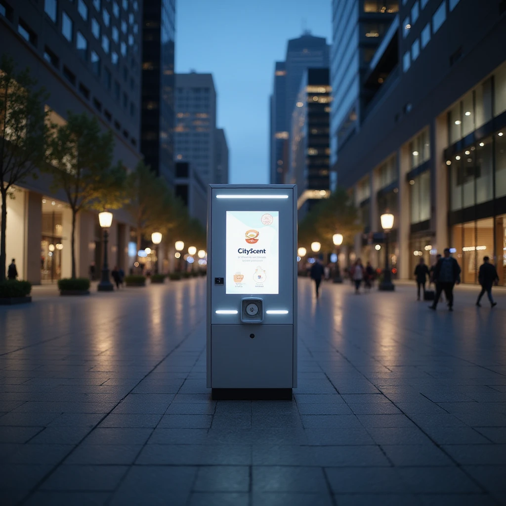 realistic depiction of the CityScent air freshener machine in the middle of a city square at nightfall, city lights reflecting on the pavement, modern architecture, no people, focus on the machine emoji
