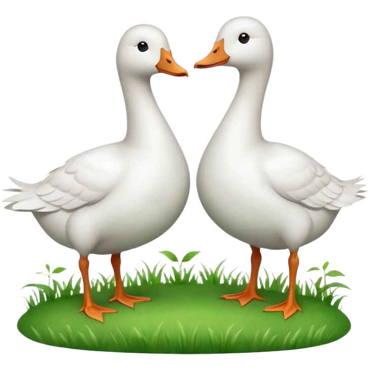 white geese standing on a small green hill, front view, foggy emoji