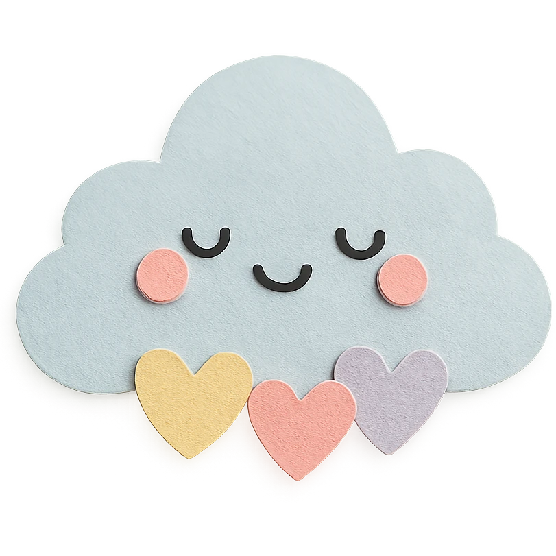 cute puffy cloud holding tiny pastel hearts, soft pastel palette, no arms or legs, full body, paper craft style emoji