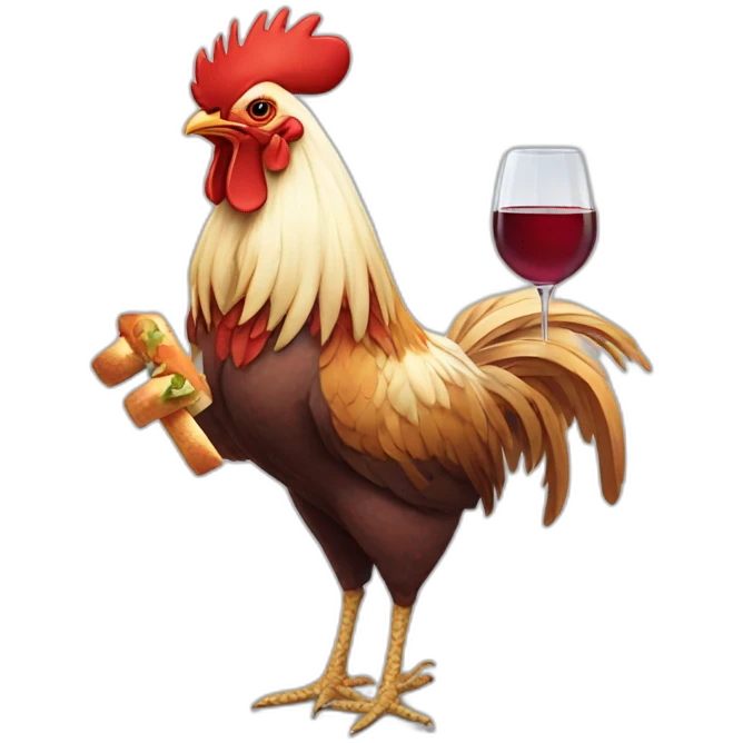 Rooster hanging a baguette under his wing and a glass of wine under the other wing emoji