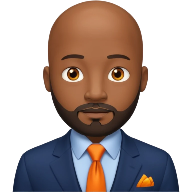 headshot of a sophisticated, stylish, bald head, beedi eyes Caribbean black man with a beard and goatee in a navy blue suit, orange tie emoji