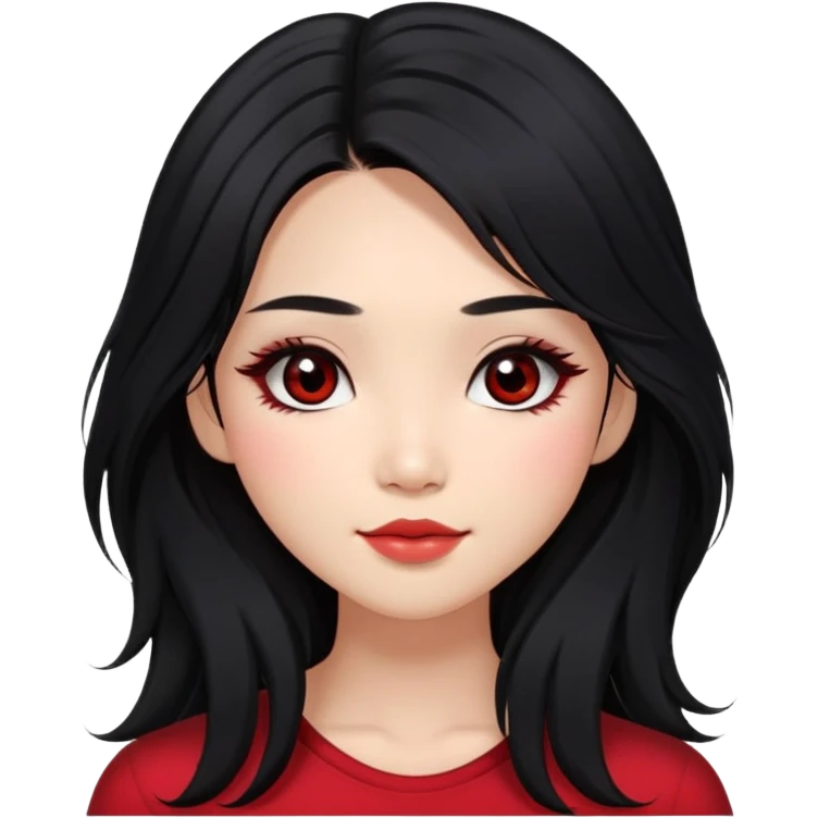 Asian girl with very long shaggy black hair, big dark brown eyes. middle part hair. long lower lashes, cheekbones with red blush. big dimples. simple dark makeup.  emoji