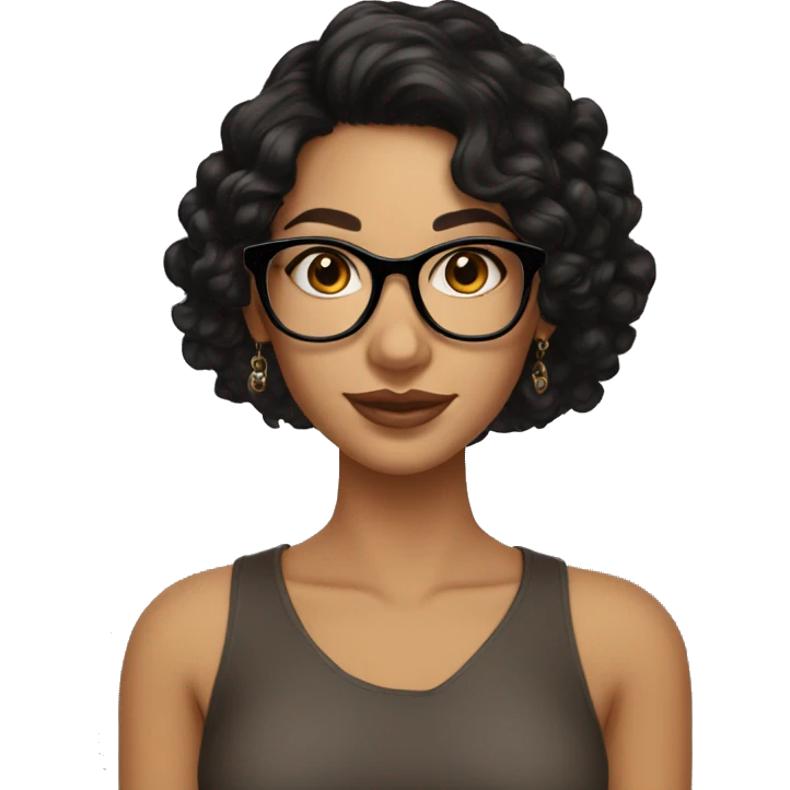 girl, big nose, long curly black hair, earrings, dark brown eyes, tan skin, freckles, glasses, glamour emoji