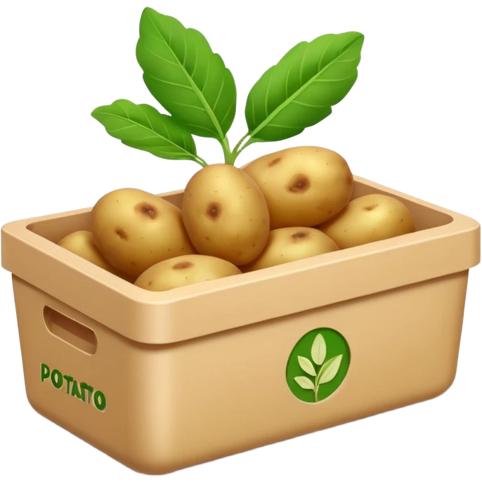 potato starch box, rectangular, beige or pale yellow, clean edges, potato illustration, green leaves or earthy tones, 'POTATO STARCH' in bold brown or orange, smooth glossy, minimal, clean 3D, soft shadows, transparent background, emoji scale emoji