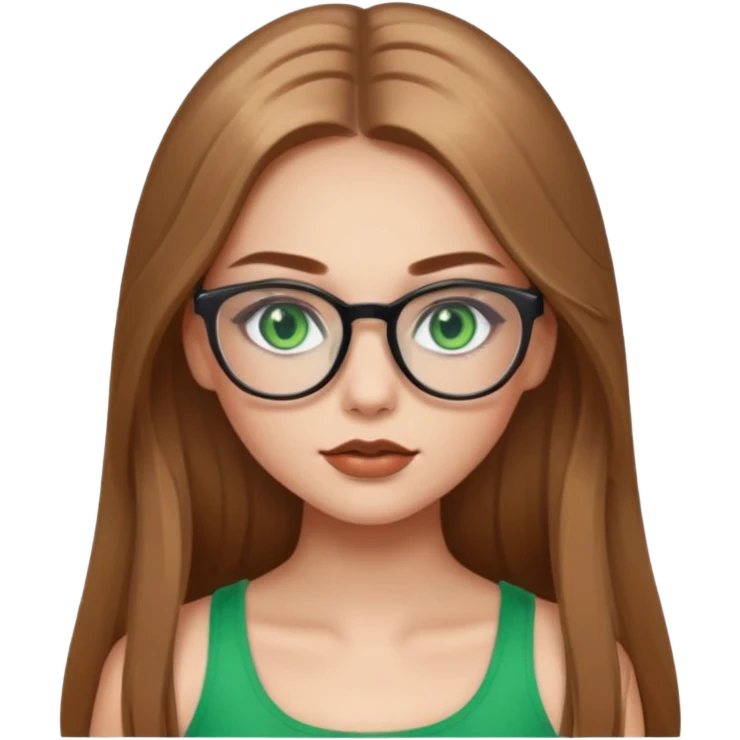 Yeşil gözlü,Hafif kahverengi uzun saçlı, beyaz tenli, gözlüklü, crop giyinen ,baya dolgun dudaklı gloss sürmüş,makyajlı bir kız emoji