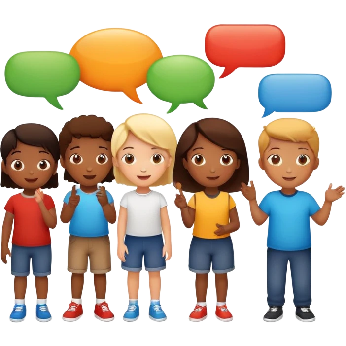 a group of children chatting together, fun and lively, with speech bubbles emoji