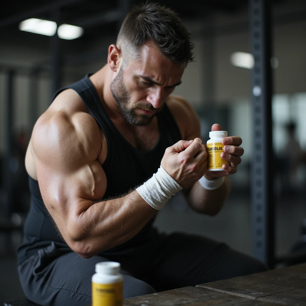 Powerlifter in gym, wrapping painful wrist, discomfort expression, bottle of Stanozololo in background, realistic details, fatigue atmosphere, weight room background emoji
