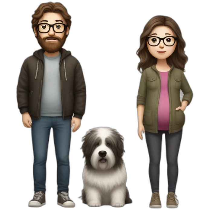 Hyperrealist pregnant girl with half long brown hair with glasses, a boy with long beard, glasses and short hair and english sheepdog emoji