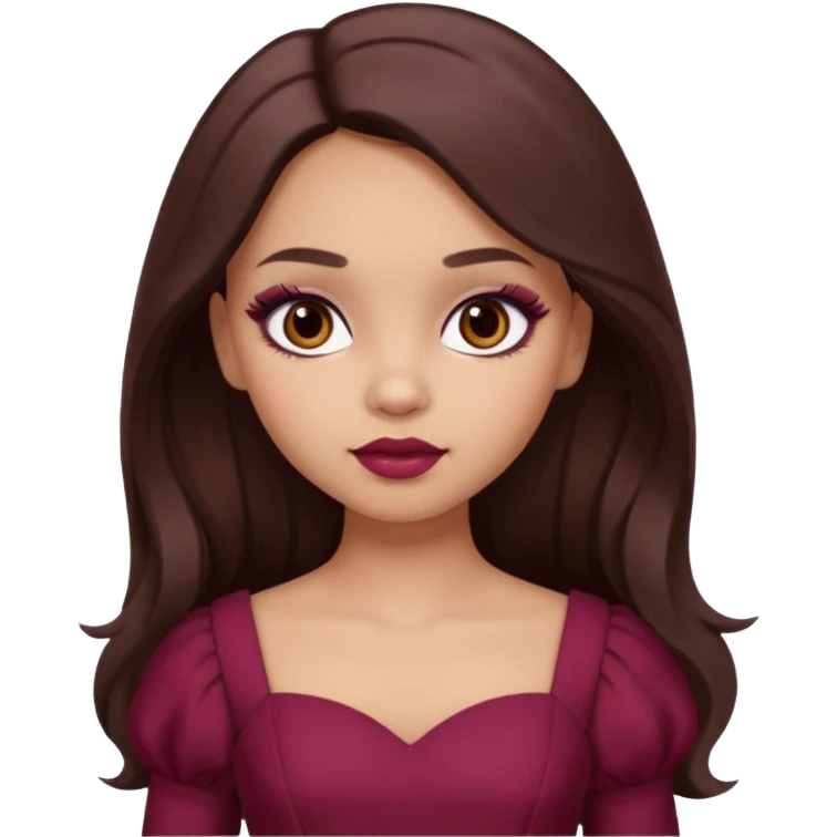 a light skin girl with long brunette hair. with dark brown eyes and slightly slanted. wear a doll like make-up with maroon dress.  emoji