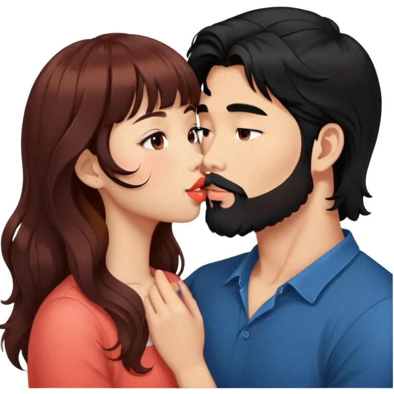 handsome asian man with black hair and beard, kissing cute tan skin woman with long wavy reddish brown hair with bangs and coral lipstick emoji