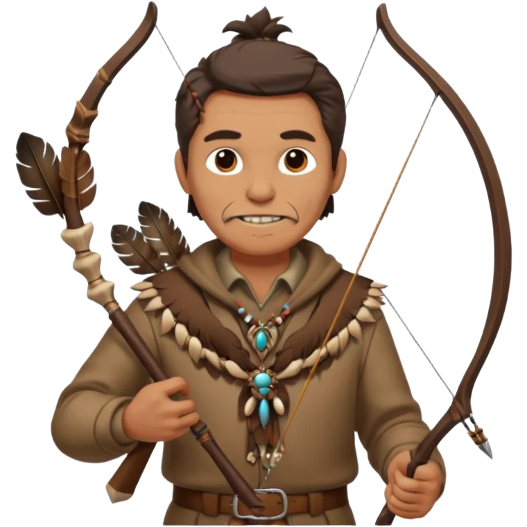 The classic image of a middle-aged uncle hunter carrying a bow, dressed in brown clothes, with some ornaments made of feathers, bones or teeth on his body. emoji