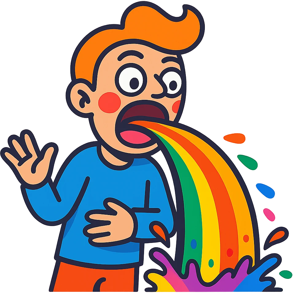 a character throwing up a rainbow, vibrant and expressive emoji
