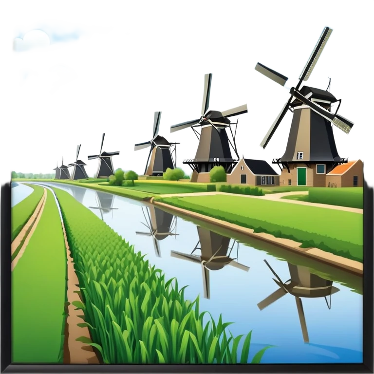 cinematic-realistic-kinderdijk-windmills-landmark-emoji,-showcasing-traditional-dutch-windmills-aligned-along-a-tranquil-canal,-with-lush-green-fields in a picture frame emoji