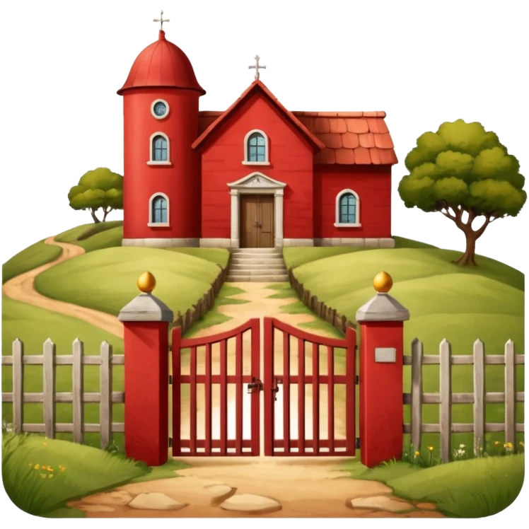 A fenced red house on a small hill with a large entrance gate bearing the inscription “Gosteli Archive,” with a farmhouse in the background. emoji