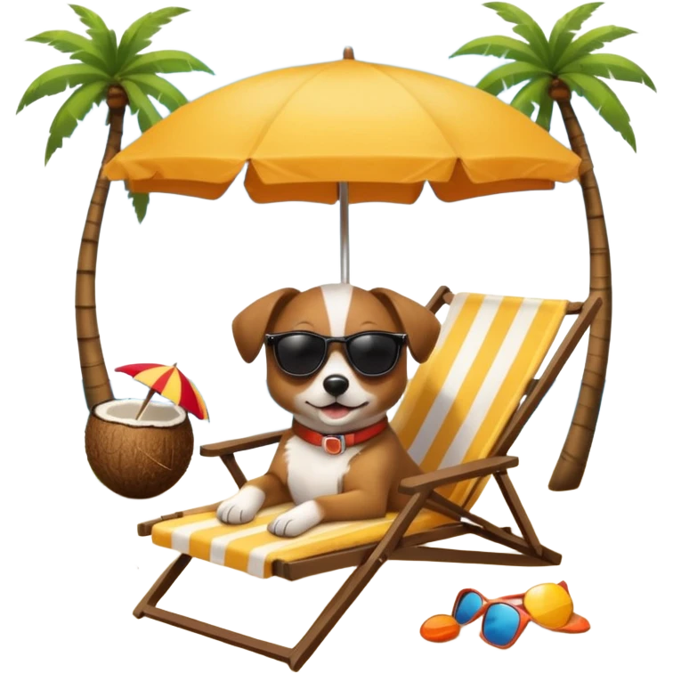 a dog laied on a beach chair, a sunny beach, a sun umbrella, and beach coconut trees. the icon should capture the essence of a relaxing beach vacation with a carefree atmosphere emoji