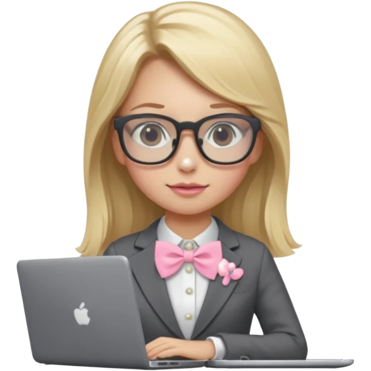 Please take the girl with laptop emoji and make her glassess light brown and her nose a bit smaller and pointier and she has blonde long hair and a dark grey suit and pearls, and has a laptop in fron of her and a tiny pink bow in her hair emoji