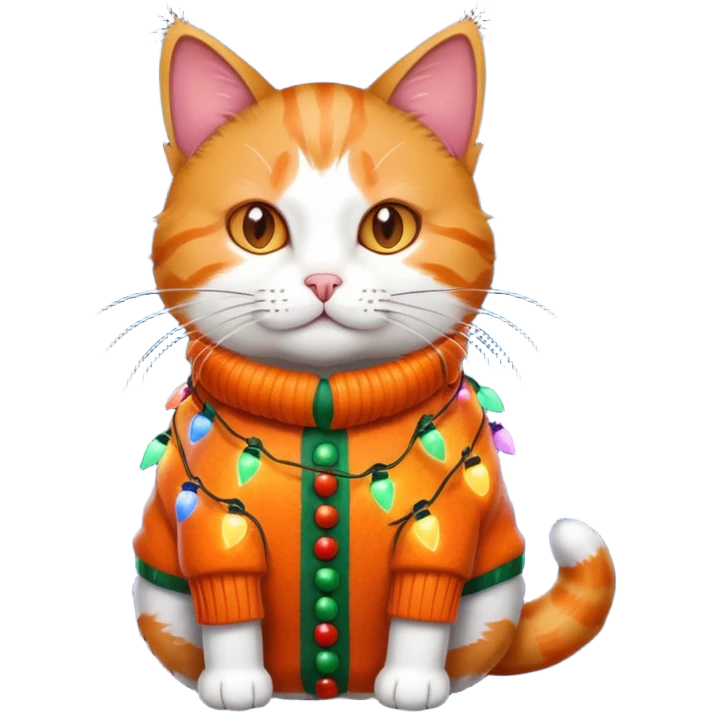 cat wearing a christmas sweater wrapped in christmas lights emoji