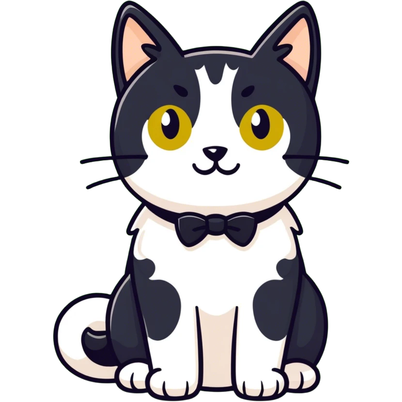Female Tuxedo domestic short hair, more white than black similar to a cow, green/gold eyes emoji