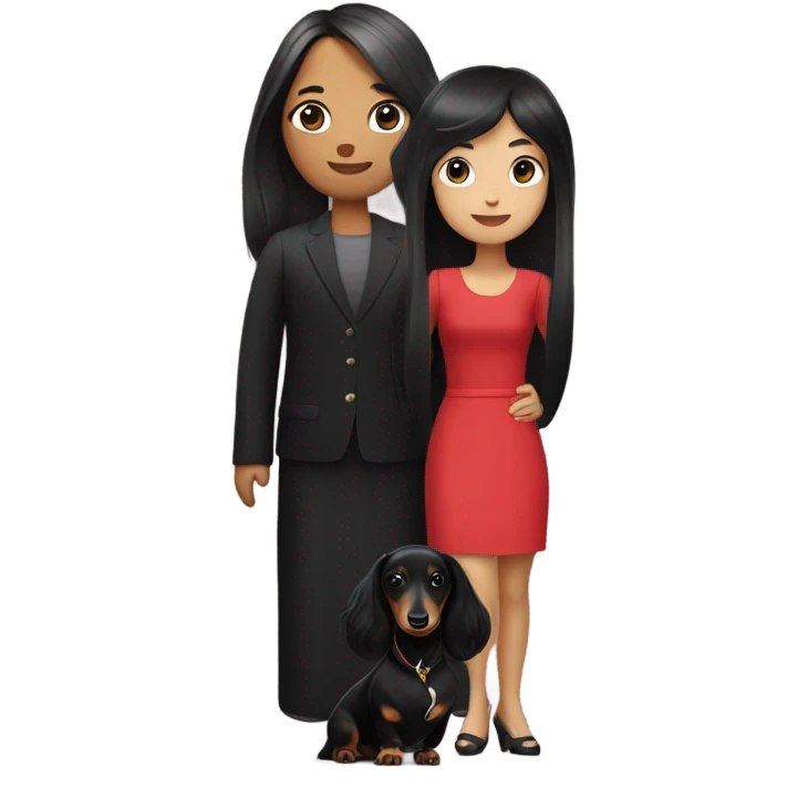 Long-haired dachshund with black-haired Asian girl wearing black dress emoji