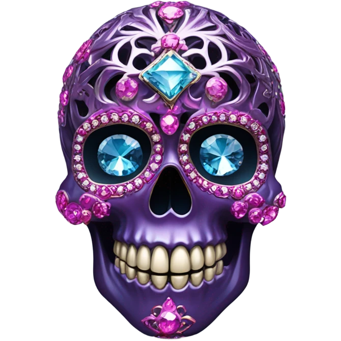 Realistic isolated metallic ornate dark purple,magenta,light blue,and hot pink filigree skull decorated with shiny diamonds and rhinestones.  emoji
