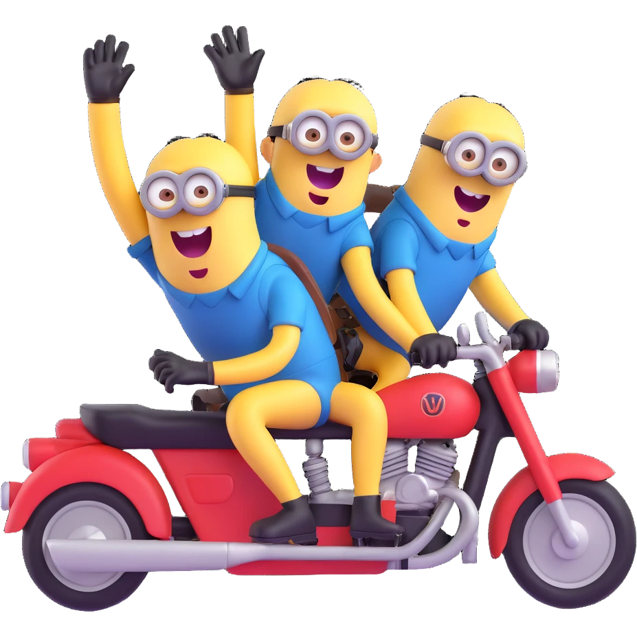 two minions on a motorcycle, one driving and one waving emoji
