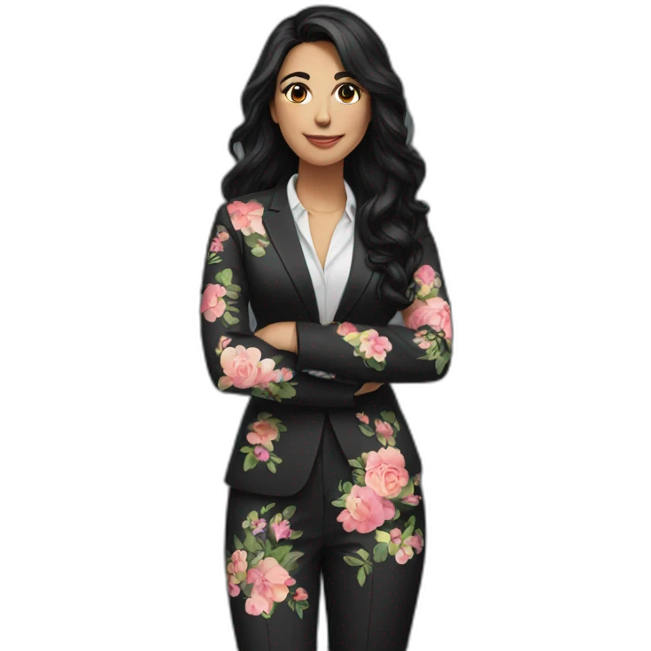 a turkish woman with long black wavy hair wearing a black suit and a floral blouse emoji