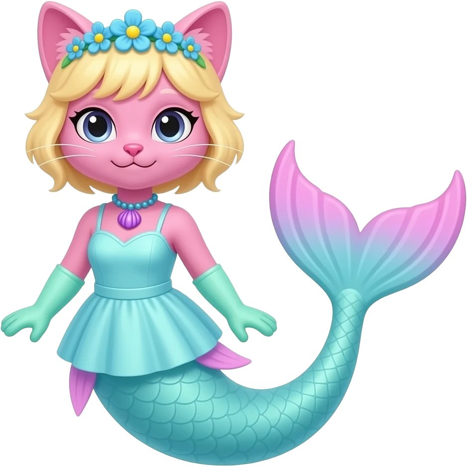 Male  pink anthro cat  with light yellow hair blue flower crown with light purple shell necklace light cyan dress attached to long light cyan mermaid tail with pink fins light green gloves emoji