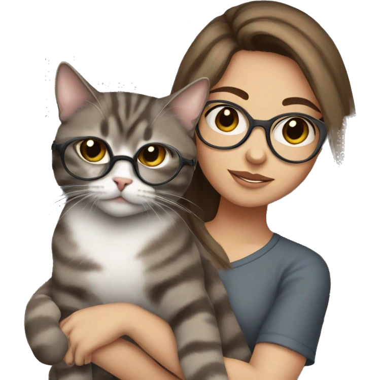 gurl brown hair with glasses holding a grey tabby cat emoji
