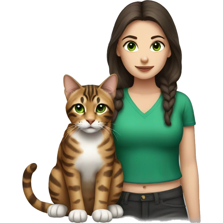 White skin girl with dark brown hair and a bengal cat with green eyes emoji