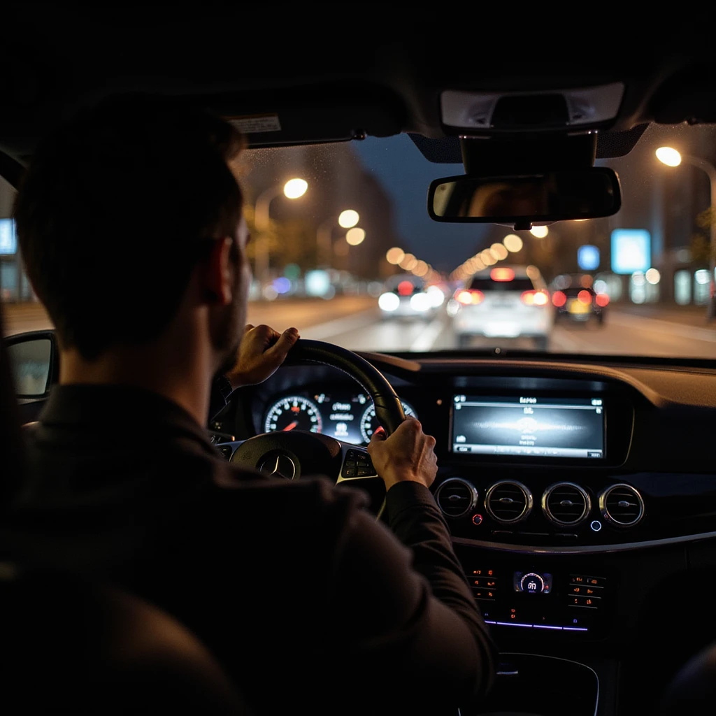 Mercedes E63 2024, driver's perspective from inside, left hand on wheel, night, Bucharest city lights, motion blur, city traffic ahead, photorealistic emoji