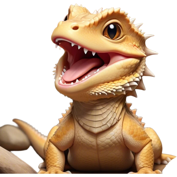 Cinematic Cute Yawning Bearded Dragon Portrait Emoji, Head tilted slightly with a dramatic, wide-open yawn, showcasing a soft, textured scaled hide with its spiky beard partially drooped and eyes barely open in drowsy contentment, Simplified yet irresistibly adorable features, highly detailed, glowing with a soft, cozy glow, high shine, relaxed yet expressive, stylized with a touch of reptilian whimsy, bright and endearing, soft glowing outline, capturing the essence of a sleepy yet affectionate dragon, so drowsy it feels like it could stretch out of the screen and curl up for a nap! emoji