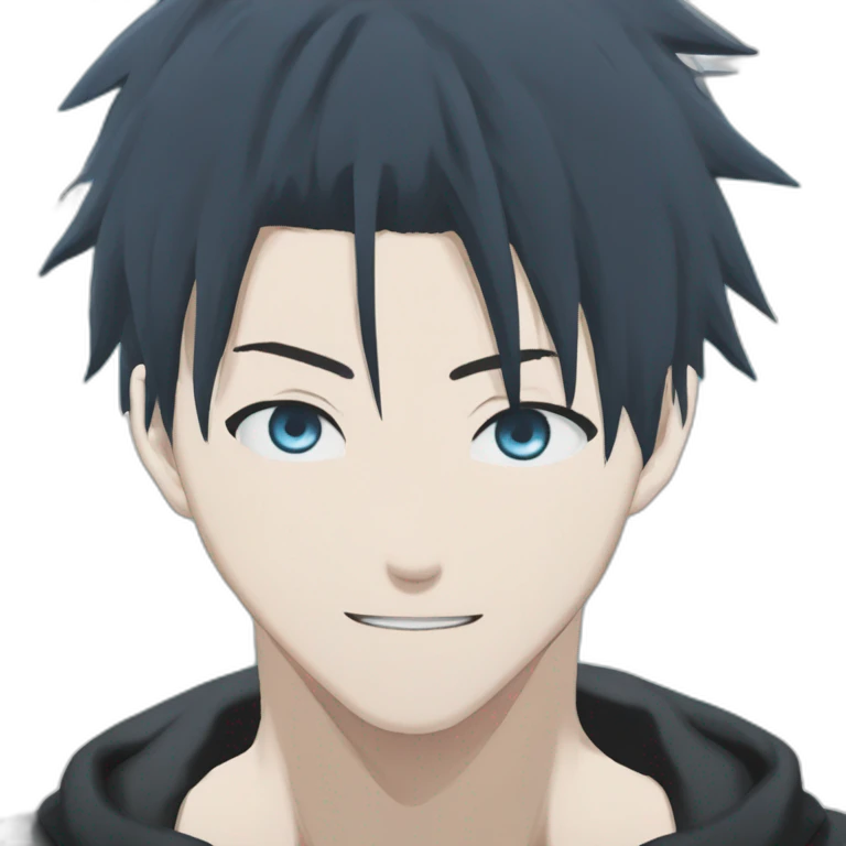 gojo satoru from jujutsu kaisen with white manga hair style, blue sky eyes and wear a black tight tshirt emoji
