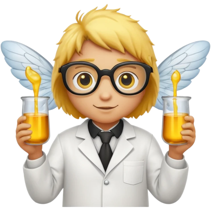 a bumblebee wearing a white lab coat holding a beaker emoji