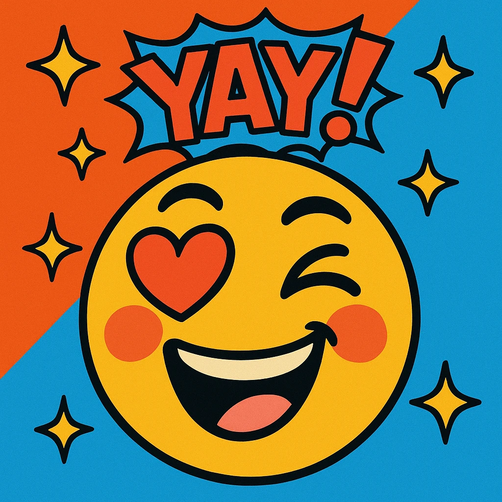 Add stars and a comic-style 'YAY!' text to the vibrant toon face with heart eyes, raised eyebrows, playful wink, blushing. emoji
