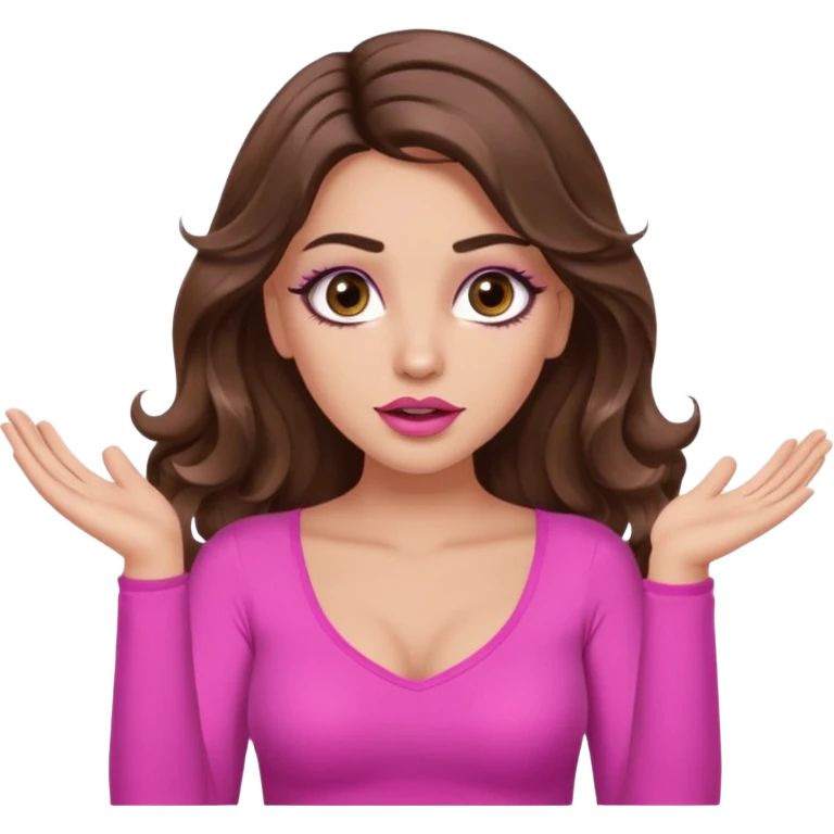 girl with long wavy brown hair, brown eyes, long lashes makeup, sexy pink lips, light to medium complexion, pink sexy top, two hands up, shrugging, confused emoji