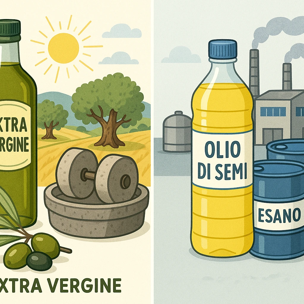 side-by-side illustration: left side with a green 'Extra Vergine' oil bottle, olives, stone olive mill, sunny fields; right side with a 'Olio di semi' bottle, factory, chemical barrels labeled 'Esano'; clear, educational, colorful style emoji
