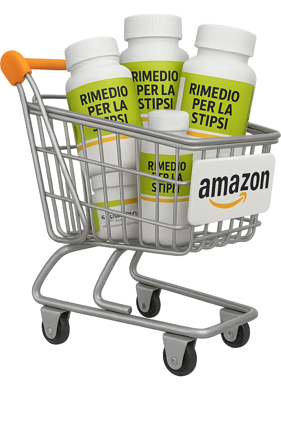 emoji stile iphone di un carrello per la spesa con l'icona di amazon stampata sopra, dentro al carretto ci sono varie boccette di integratori con la scritta "RIMEDIO PER LA STIPSI", iperrealistico 4k emoji