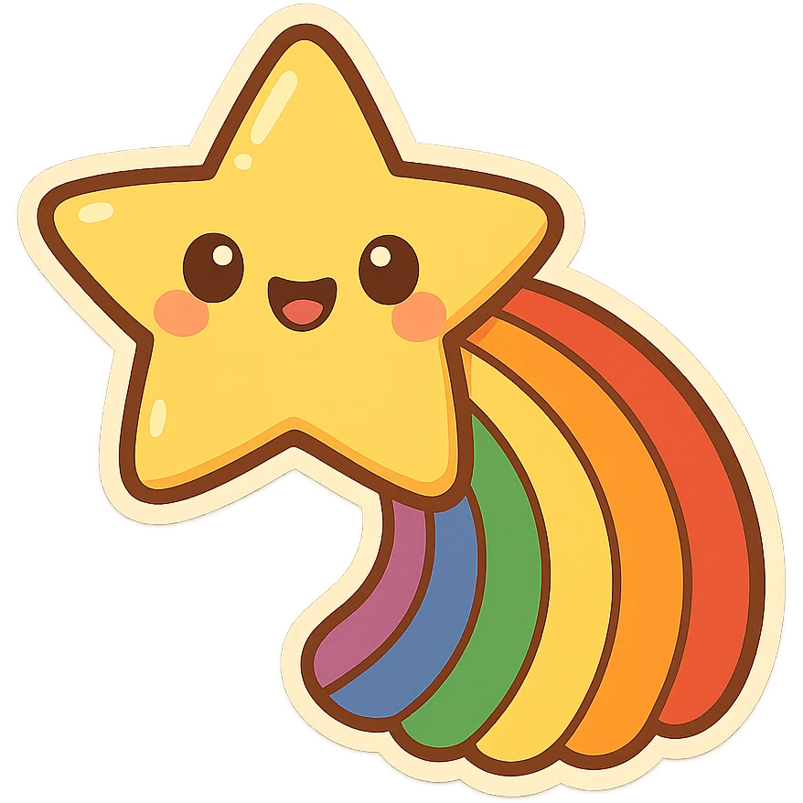 chibi sticker-style star with a rainbow trail, pride, cute and exaggerated emoji
