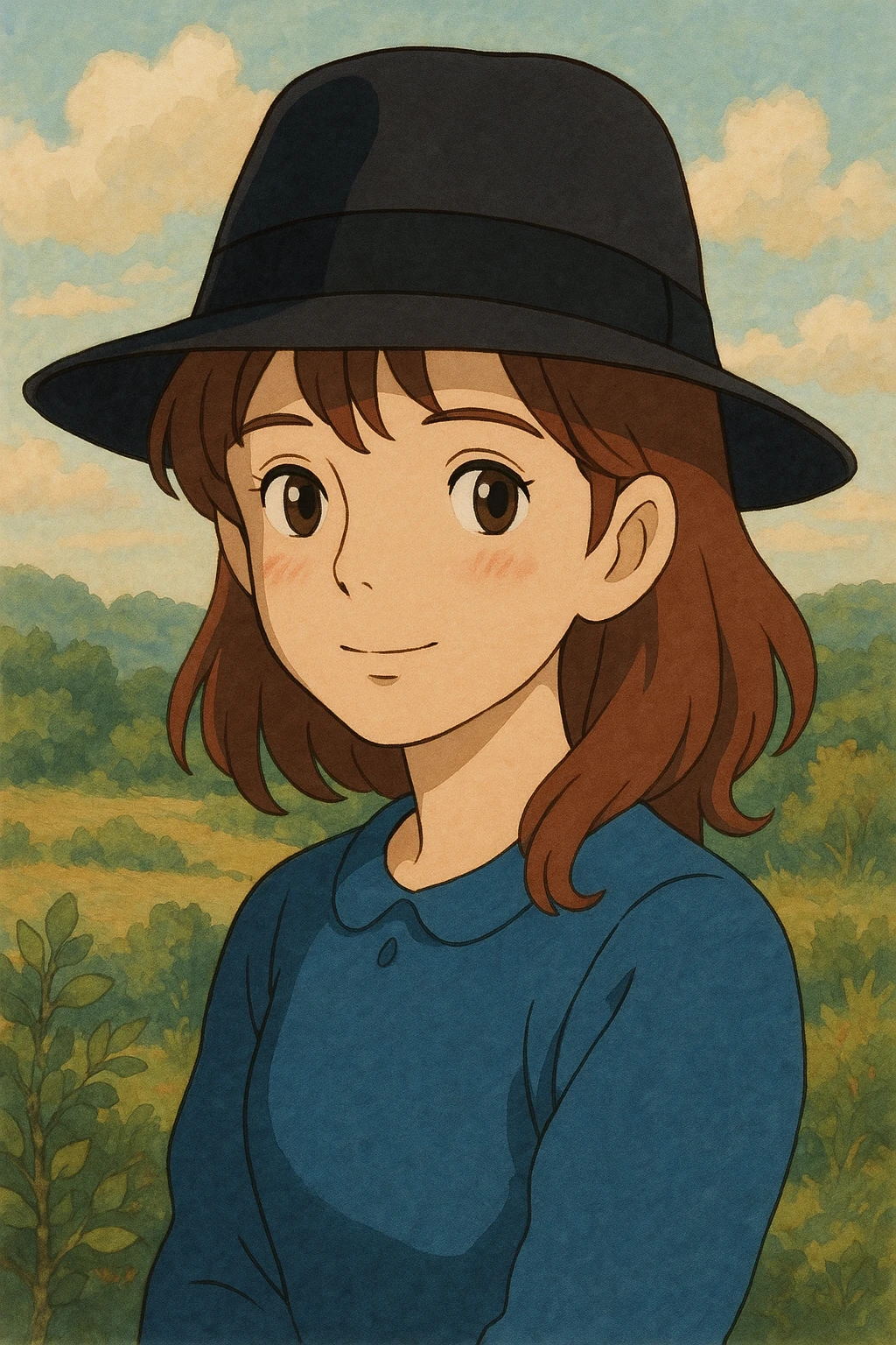 girl wearing a classic black fedora, gentle expression, soft colors, ghibli style emoji