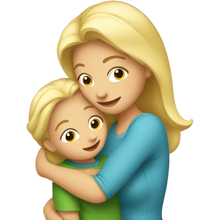 Blonde mom with long her is hugging her toddler son  emoji